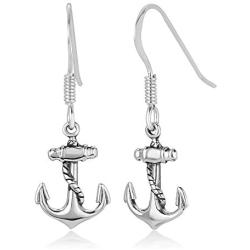 925 Oxidized Sterling Silver Vintage Anchor Navy Sailor Symbol Rope Wheel Dangle Hook Earrings 1.1''