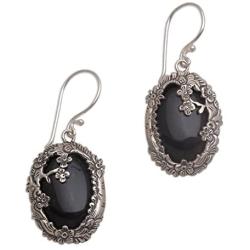 NOVICA Black Onyx .925 Sterling Silver Floral Dangle Earrings Dreamy Forest