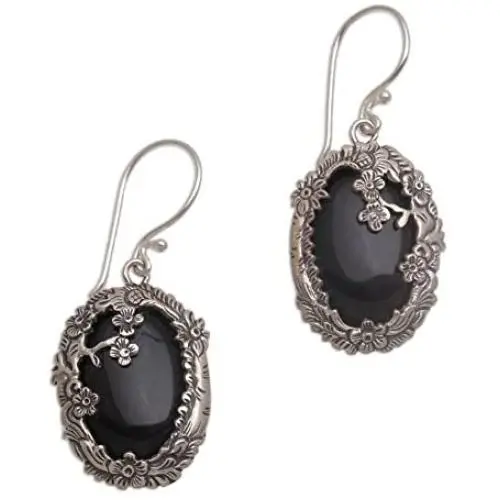 NOVICA Black Onyx .925 Sterling Silver Floral Dangle Earrings Dreamy Forest NOVICA Black Onyx .925 Sterling Silver Floral Dangle Earrings Dreamy Forest