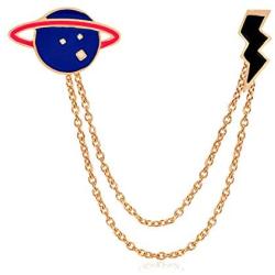 Saturn Planet Lightning Brooch Pin Long Chain Tassel Black Bolt Cartoon Dripping Oil Enamel Lapel Pin for Women Girls