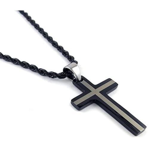 Yeidid International Mens Black Stainless Steel Cross Pendant, Black 4mm Rope Chain Necklace 24''