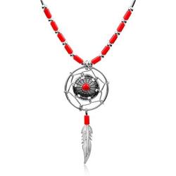 Dream Catcher Sterling Silver Red Coral Imitation Necklace 18''