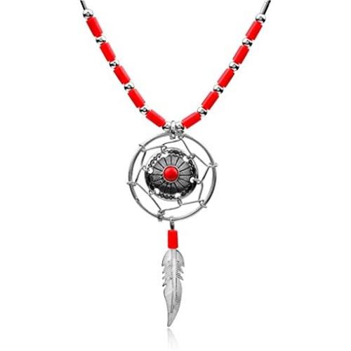 Dream Catcher Sterling Silver Red Coral Imitation Necklace 18''