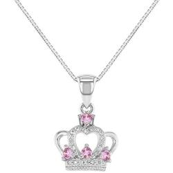 925 Sterling Silver Girls Pink -Clear Cubic Zirconia Crown Princess Necklace