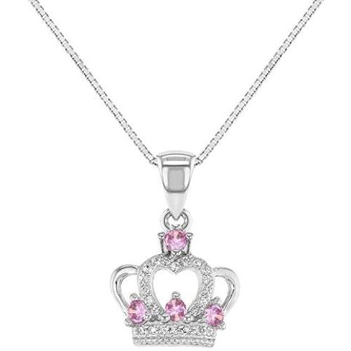 925 Sterling Silver Girls Pink -Clear Cubic Zirconia Crown Princess Necklace