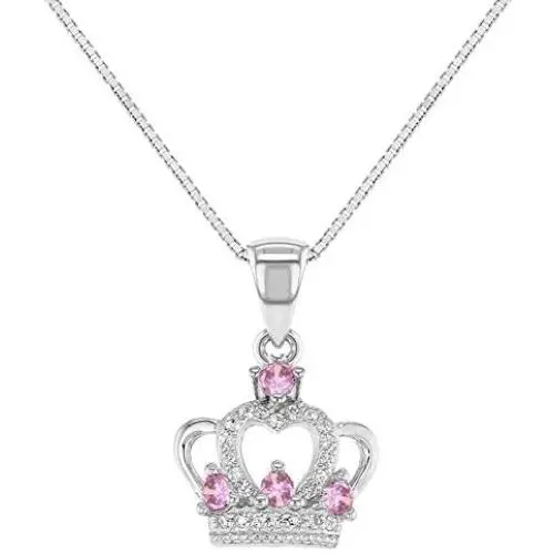 925 Sterling Silver Girls Pink -Clear Cubic Zirconia Crown Princess Necklace 925 Sterling Silver Girls Pink -Clear Cubic Zirconia Crown Princess Necklace