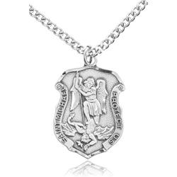 Heartland Mens Saint Michael Sterling Silver Police Shield Medal + USA Made + Chain Choice