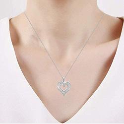 Jewelili Round and Tapered Baguette Diamond Heart Pendant Necklace, 18 Box chain