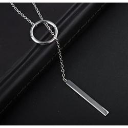 S.Leaf Sterling Silver Lariat Bar Necklace Open Circle Y Necklace Vertical Bar Looped Long Necklace (Silver, 58)