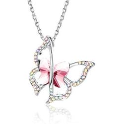 Sllaiss Pink Crystal Butterfly Pendant Necklace for Women, with Small Aurora Borealis Crystals Made from Swarovski