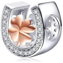 Sambaah Sterling Silver Horseshoe Lucky Charms-Rose Gold Plated Beads with Cubic Zirconia Stones fit Women Pandora Bracelets