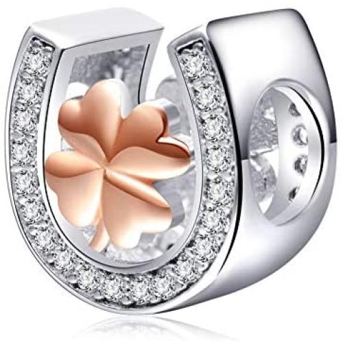 Sambaah Sterling Silver Horseshoe Lucky Charms-Rose Gold Plated Beads with Cubic Zirconia Stones fit Women Pandora Bracelets