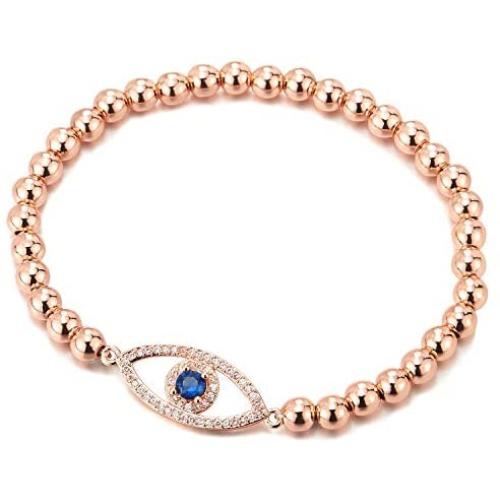 COOLSTEELANDBEYOND Protection Evil Eye Beads Bracelet for Women with Blue and White Cubic Zirconia