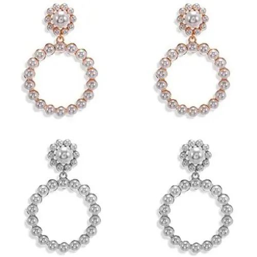 Pearl Round Circle Hoop Dangle Earrings Imitation Pearl Hollow Out Flower Earrings Beaded Loop Drop Earrings for Women Girls Elegant Jewelry