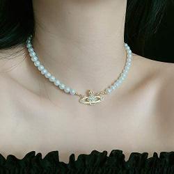 FENLDY Rhinestone Faux Planet Saturn Pearl Necklace for Women Jewelry, Fake Pearl Collar Pendant a Necklace Men with Charm for Girls Y2k Jewelry Ladies Wedding Pearl Bead Chain Crystal Choker