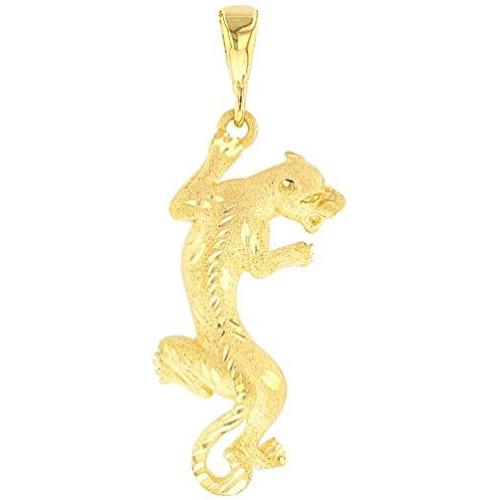 14K Yellow Gold Textured Vertical Panther Charm Animal Pendant