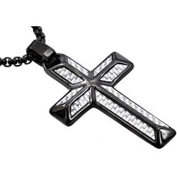 Blackjack Jewelry Mens Stainless Steel Cross Pendant with Carbon Fiber and 24'' Round Box Chain