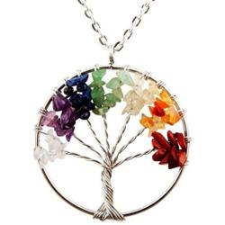 Tree of Life Gemstone Pendant Necklace 26 inch Healing Crystals Chakra Gem Stones Jewelry Women Girls Men Birthday Mothers Gifts