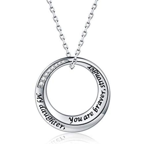 APOTIE Sterling Silver Daughter Necklace S925 Circle Word Pendant Inspirational Jewelry for Daughter Women Girls Teens