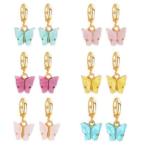 coadipress 6 Pairs Butterfly Huggie Hoop Earrings Set for Women Girls Cute Colorful Acrylic Gold Plated Dangle Drop Statement Earrings Teen Kids Trendy Jewelry Gift