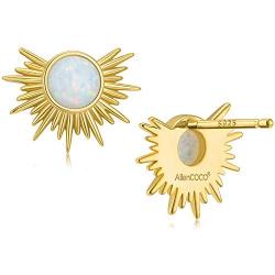 AllenCOCO White Opal Adorned Sunburst Stud Earrings 925 Solid Sterling Silver Post 14k Gold Plated Jewelry for Women