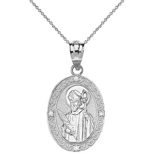 Sterling Silver Saint Valentine of Rome CZ Oval Medal Pendant Necklace (1'')