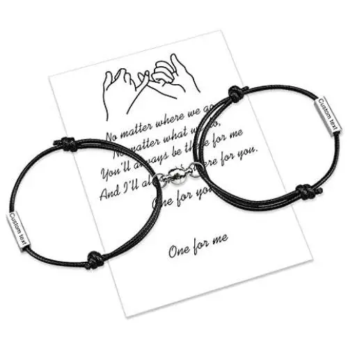 Customize Attraction Rope Braided 2pcs Bracelets with Magnetic Bells 4 Sides Engraved Perfect Jewelry Gift for Couple,Familier,Sisters,Bestfriends
