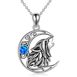POPKIMI Sterling Silver Wolf Jewelry Howling Wolf Pendant Necklace Opal Moon for Wolf Lover Women Men
