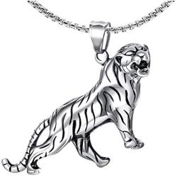 Xusamss Punk Stainless Steel Animal Tiger Pendant Necklace,24inches Square Box Chain