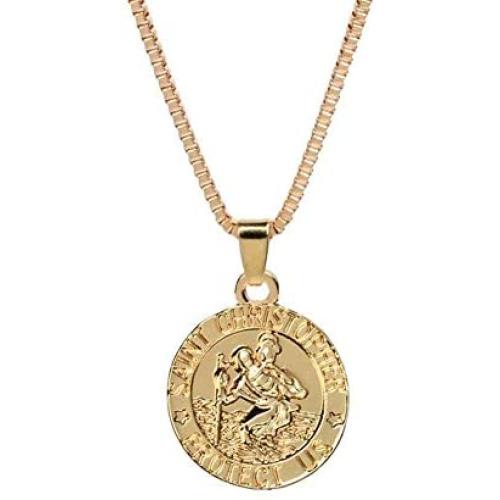 AILUOR St Christopher Medal Patron Saint of Travelers Catholic Protection Pendant Necklace, Gold Silver Tone Devotional Pendant with Prayer Card Jewelry Unisex