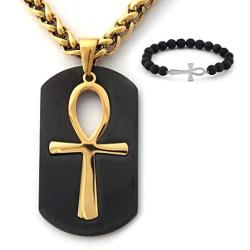 Gungneer Mens Stainless Steel Key of Life Ankh Cross Dog Tag Pendant Necklace Ancient Egyptian Talisman Amulet