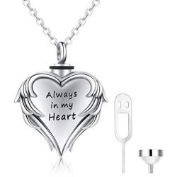Cuoka Urn Necklaces for Ashes Cremation Jewelry for Ashes 925 Sterling Silver Cremation Necklace for Ashes Angel Wing Always in My Heart Necklace Ashes Necklace (Always in My Heart)