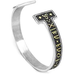 GUNGNEER Viking Mens Rune Cuff Bracelet Stainless Steel, Vikings Torc Bangle for Men, Adjustable, Bonus 2X Rune Bead & Gift Box