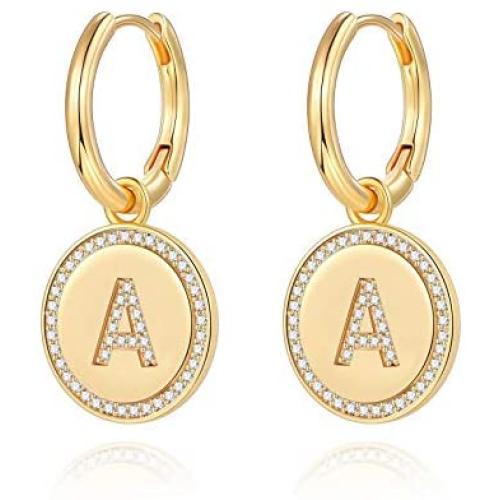 Dangle Initial Earrings for Women, 14K Gold Plated S925 Sterling Silver Post Tiny Dainty Huggie Earrings Letter CZ Huggie Hoop Earrings for Women Teen Girls