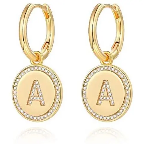 Dangle Initial Earrings for Women, 14K Gold Plated S925 Sterling Silver Post Tiny Dainty Huggie Earrings Letter CZ Huggie Hoop Earrings for Women Teen Girls