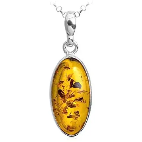 Honey Amber Sterling Silver Oval Pendant Necklace Chain 18 Honey Amber Sterling Silver Oval Pendant Necklace Chain 18