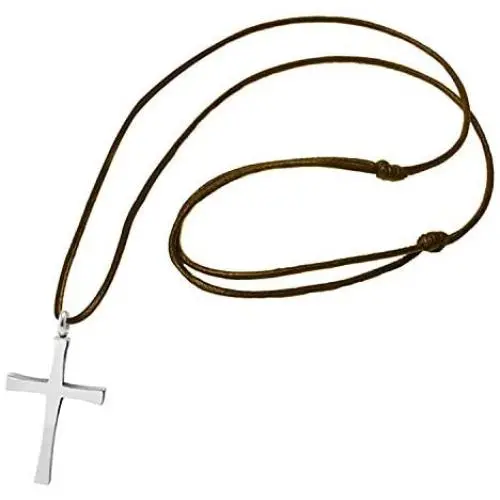 555Jewelry Stainless Steel Cross Pendant Adjustable Black Rope Cord Necklace