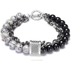 Natural Tiger Eyes Map Stone Beaded Bracelet Stainless Steel Rolo Cable Link Chain Retro Matte Healing Prayer Beads Strand Bracelet for Men Boys Male Handmade Casual Jewelry