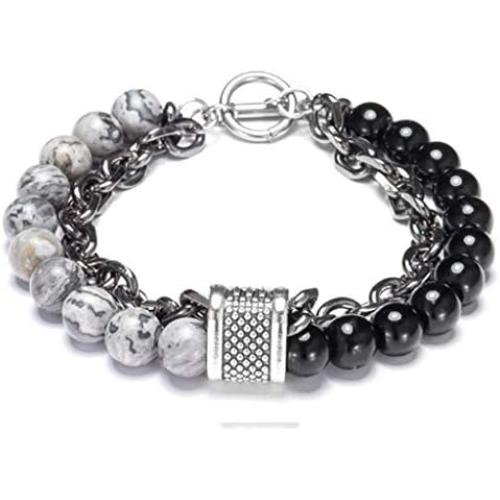 Natural Tiger Eyes Map Stone Beaded Bracelet Stainless Steel Rolo Cable Link Chain Retro Matte Healing Prayer Beads Strand Bracelet for Men Boys Male Handmade Casual Jewelry