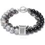 Natural Tiger Eyes Map Stone Beaded Bracelet Stainless Steel Rolo Cable Link Chain Retro Matte Healing Prayer Beads Strand Bracelet for Men Boys Male Handmade Casual Jewelry