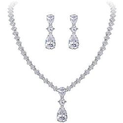 EleQueen Womens Cubic Zirconia Teardrop Bridal Necklace Sets Dangle Earrings Clear Silver-Tone
