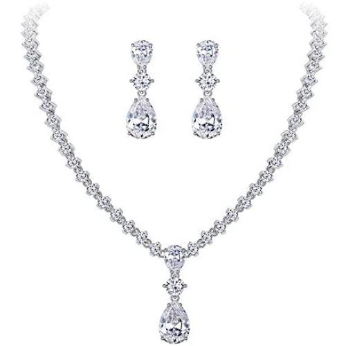 EleQueen Womens Cubic Zirconia Teardrop Bridal Necklace Sets Dangle Earrings Clear Silver-Tone