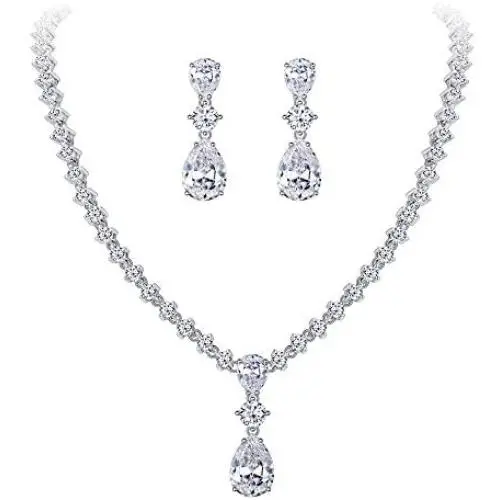EleQueen Womens Cubic Zirconia Teardrop Bridal Necklace Sets Dangle Earrings Clear Silver-Tone EleQueen Womens Cubic Zirconia Teardrop Bridal Necklace Sets Dangle Earrings Clear Silver-Tone