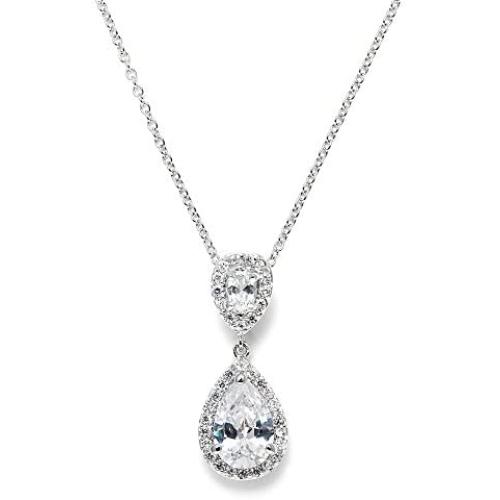 Mariell Pear-Shaped Cubic Zirconia Teardrop Bridal Necklace Pendant - Platinum Plated Wedding Jewelry