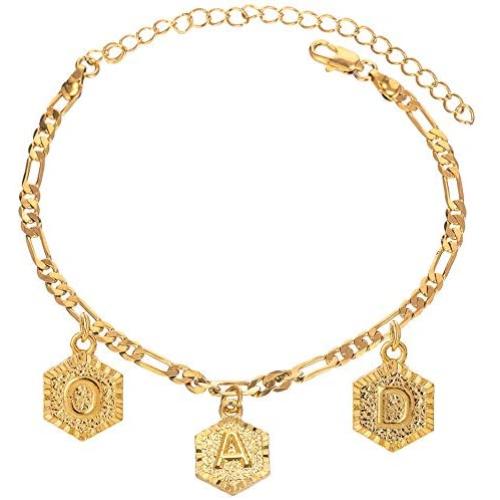 kelistom Customised Letter 18k Gold Plated 4mm Figaro Chain Initial Anklet for Women Fashion Ankle Bracelet 1-7 Letters Available