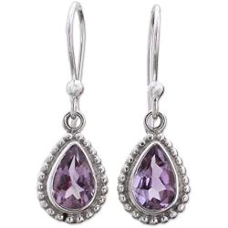 NOVICA Teardrop Shape Amethyst .925 Sterling Silver Dangle Earrings Radiant Lilac