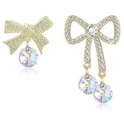 Sllaiss Asymmetric Bow Dangle Aurora Crystals Earrings for Women Made with Swarovski Cute Fashion 14K Gold Plated Mothers Day Jewelry Gift