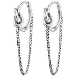 Vintage Chain Drop Love Knot Small Hoop Earrings for Women Girls Men 925 Sterling Silver Tassel Link Dangle Huggie Hoops Cuff Cartilage Tragus Daith Minimalist Fashion Personalized Punk Jewelry Gifts
