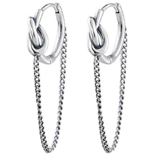 Vintage Chain Drop Love Knot Small Hoop Earrings for Women Girls Men 925 Sterling Silver Tassel Link Dangle Huggie Hoops Cuff Cartilage Tragus Daith Minimalist Fashion Personalized Punk Jewelry Gifts