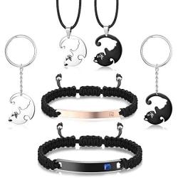 JOERICA 6 Pcs Couple Necklace Bracelets Keychain Matching Set for Women Men Cat Pendant Necklace His & Hers Bracelets Cat Keychain Couple Gift